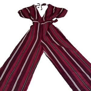 Crystal Doll Juniors V-Neck Cropped Striped Jumpsuit Open Back; Burgundy; Size 5